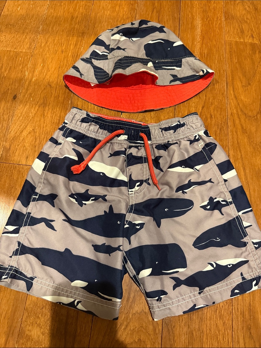 Carter's Whale Print Swim Shorts & Reversible Bucket Hat - Navy/Gray/Red